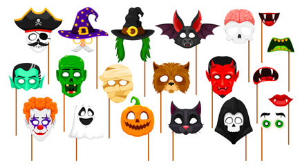 Cartoon Halloween photo booth masks and monster props for holiday, vector faces on sticks. Halloween funny masks of creepy zombie, vampire and mummy, spooky pumpkin and death with werewolf and witch