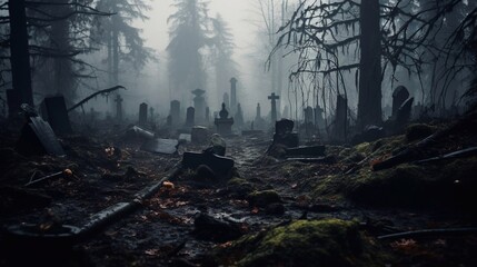 Spooky Cemetery in dark misty wood. Abandoned graveyard.