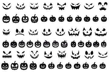 Set of carved faces silhouettes for Halloween, Vector illustration of pumpkin silhouettes and funny and scary ghost,pumpkin or Jack o lantern faces - transparent background, png 