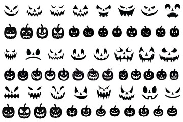 Naklejka premium Set of carved faces silhouettes for Halloween, Vector illustration of pumpkin silhouettes and funny and scary ghost,pumpkin or Jack o lantern faces - transparent background, png 