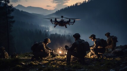 Group of soldiers launching a combat drone.