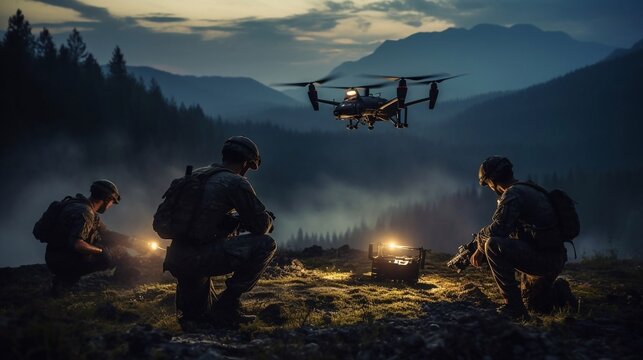 Soldiers in a wood launch a combat drone.