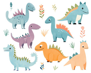 Fototapeta na wymiar Cute dinosaur illustrations. Vector set of hand drawn dinosaurs.