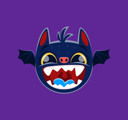 Cartoon halloween bat emoji character. Isolated vector vampire animal emoticon with wide open spooky mouth, pointy ears, wings and mischievous eyes, adds a playful touch to holiday messages and posts