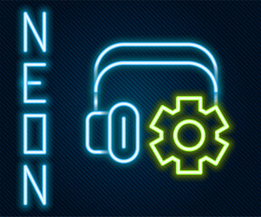 Glowing neon line Headphones with settings icon isolated on black background. Support customer service, hotline, call center, faq, maintenance. Colorful outline concept. Vector