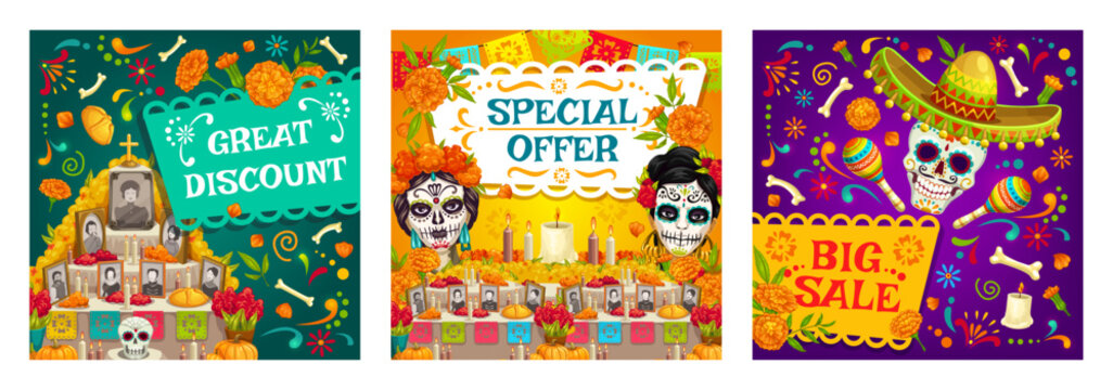 Day of the Dead mexican holiday sale, special offer and discount banners. Dia De Los Muertos posters with vector sugar skulls and Catrina Calavera characters, sombrero, maracas, candles and flowers