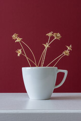 A white cup with a bouquet of flowers made from straw on a red background