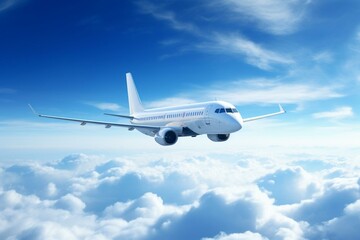 Fototapeta na wymiar Airplane flying in clear blue sky. Generative AI