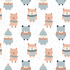 Winter seamless pattern with cute animals. Christmas vector pattern. Hand drawn vector children's print