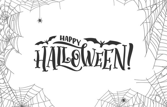 Halloween holiday cobweb and spiders frame with bats, vector spooky background. Happy Halloween greeting card or horror night trick or treat party spiderweb in corners of frame border for Halloween