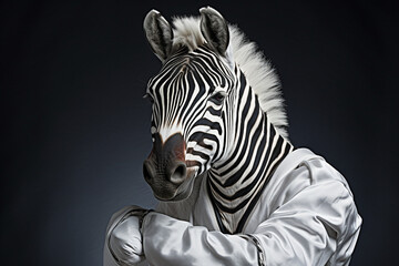 zebra wearing a white karate martial  uniform
