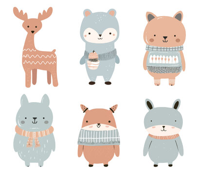 Winter forest vector animals. Cute scandinavian animals in winter clothes. Hand drawn doodle animals.