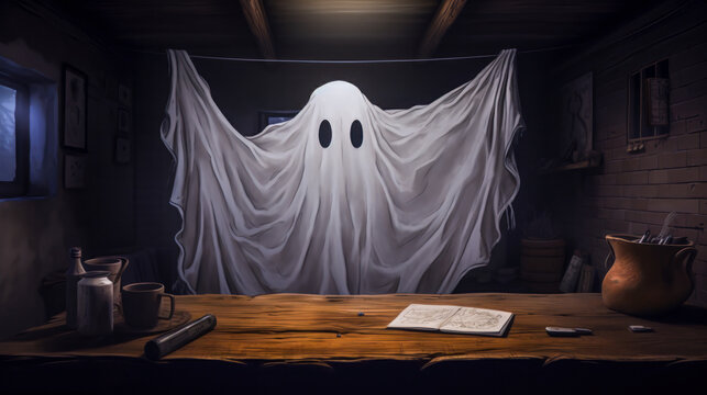 Halloween Background with Cute Ghost and Props AI Generated