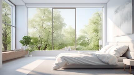 Interior of minimalist scandi bedroom in luxury villa or hotel. Large comfortable bed, side tables, houseplants, panoramic windows overlooking summer park. Ecodesign. Mockup, 3D rendering.