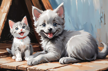 gray puppy and kitten like a happy in painting style