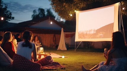 Outdoor Movie Night: Friends set up an outdoor movie screening with a projector and a large screen