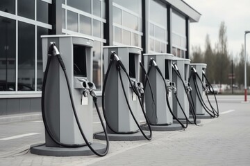 Fototapeta na wymiar Charging stands, car units, charging nozzles for electric cars at petrol stations. Generative AI