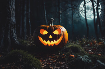 halloween pumpkin In the scary forest In the quiet and lonely night big moon on background