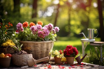 Gardening tools and flowers in the garden.