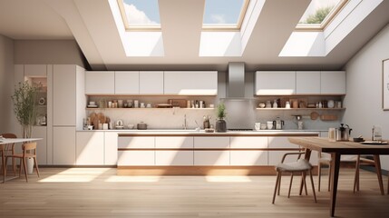 A kitchen with a large skylight and a minimalist color palette