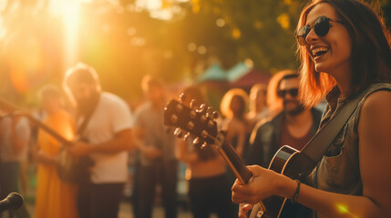 Friends attend a live music event, whether it's a local band, a concert in a park, or a gig at a small venue