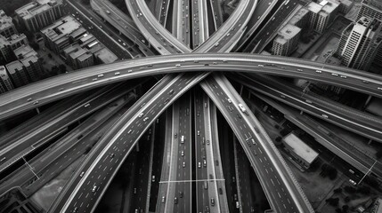 Obraz premium Top view of highway and bridge in city with busy road