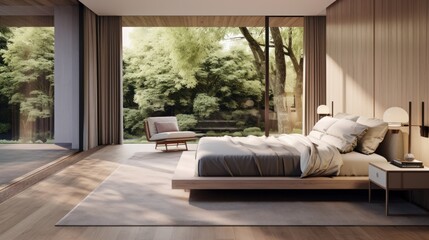 Interior of cozy minimalist bedroom in luxury villa or hotel. Decorative wall, wooden floor, simple wooden bed, armchair, floor-to-ceiling window with garden view. Ecostyle home design. 3D rendering.