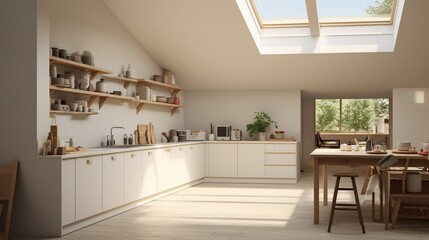 Fototapeta premium Cozy kitchen with large windows, wooden shelves, natural light, minimalist design, warm tones, skylight, and plants.