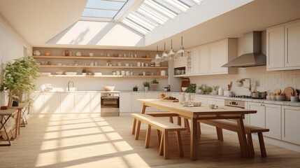 Fototapeta na wymiar A kitchen with a large skylight and a minimalist color palette