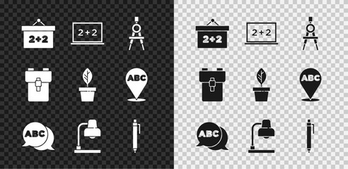 Set Chalkboard, Drawing compass, Alphabet, Table lamp, Pen, School backpack and Plant pot icon. Vector