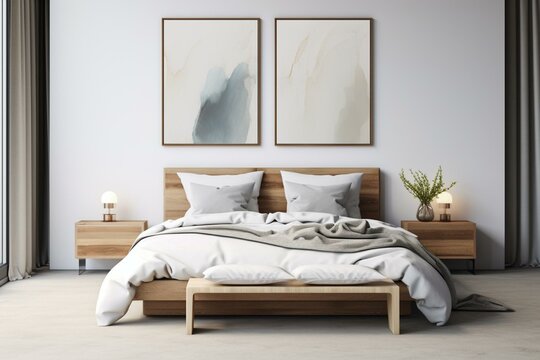 Contemporary bedroom with white walls, minimalist wooden frames, and paintings - 3D rendering. Generative AI