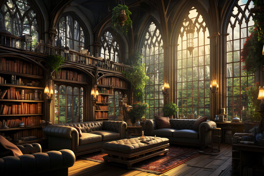 Dragon's Sanctum: The Gothic Library Enclave. Generative AI