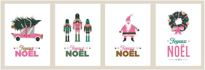 4 french greeting cards, Wish cards for christmas. Bundle icons illustrations Xmas, Santa, christmas tree, car ni a vector style., celebration - obrazy, fototapety, plakaty