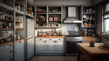 A kitchen with a mix of open and closed storage solutions