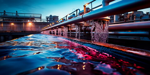 Industrial wastewater treatment plant purifying water before it is discharged. Generative Ai - obrazy, fototapety, plakaty