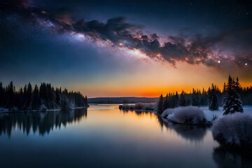 
Beautiful night sky, the Milky Way and the trees.  