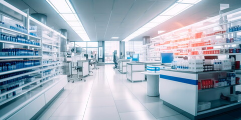 hospital pharmacy, showcasing the shelves stocked with medications, the compounding area, and the diligent work of pharmacists and pharmacy technicians. Generative AI - obrazy, fototapety, plakaty