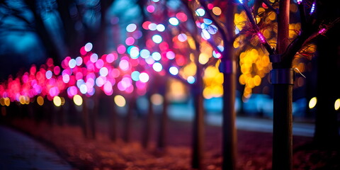 LED lights on trees in a park or street. Generative AI