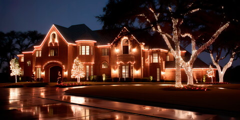 house decorated with Christmas wreaths and lights. Generative AI