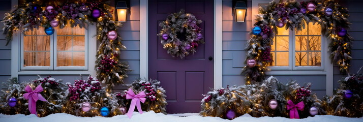 Fototapeta na wymiar house decorated with Christmas wreaths and lights. Generative AI