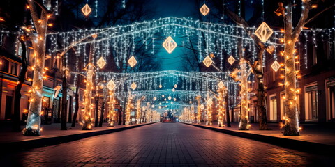 Light tunnel on city streets with decorations and garlands. Generative AI