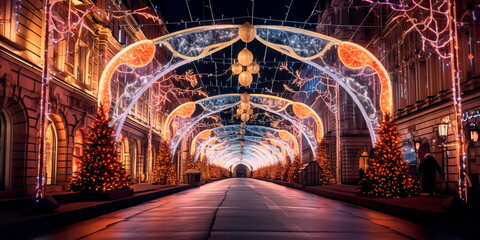 Light tunnel on city streets with decorations and garlands. Generative AI
