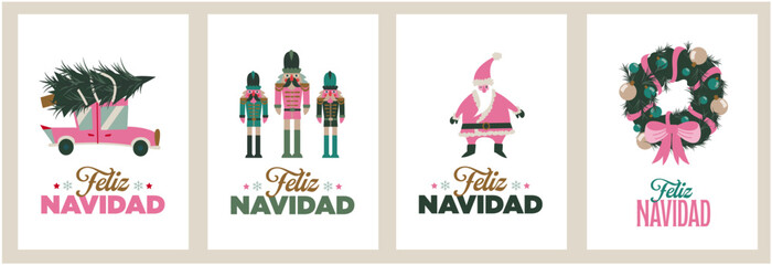 4 spanish greeting cards, Wish cards for christmas. Bundle icons illustrations Xmas, Santa, christmas tree, car ni a vector style., celebration - obrazy, fototapety, plakaty