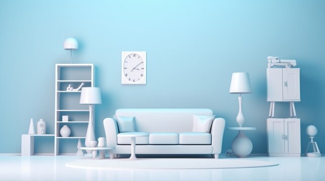 Stylish minimalist monochrome interior of modern cozy living room in white and pastel blue tones. Trendy couch, commode, rack, floor lamps. Creative home design. Mockup, 3D rendering. © Georgii