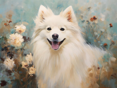 A dog with floral in watercolor oil and acrylic style