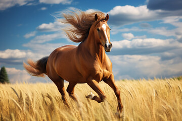 a horse running in the meadow - obrazy, fototapety, plakaty