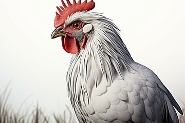 Black and white rendering of a crowing rooster, farmyard elegance