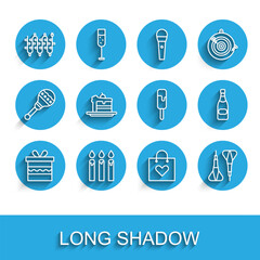 Set line Gift box, Birthday cake candles, Christmas lights, Shopping bag with heart, Dart arrow, Cake, Champagne bottle and Ice cream icon. Vector