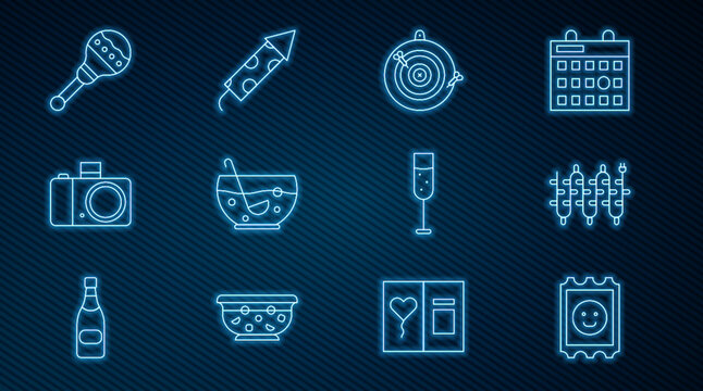 Set line LSD acid mark, Christmas lights, Classic dart board and arrow, Mixed punch in bowl, Photo camera, Maracas, Glass of champagne and Firework rocket icon. Vector
