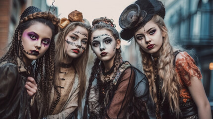 Group of teenagers in spooky makeup for Halloween holiday. Teen friends celebrating Halloween on the street.